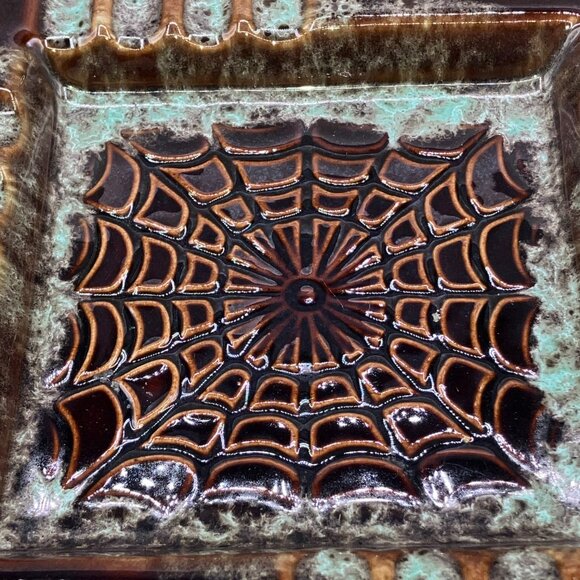1970s California Pottery #3763 Spiderwed Glazed Ashtray 12”x8” Brown And Seafoam - Picture 5 of 11